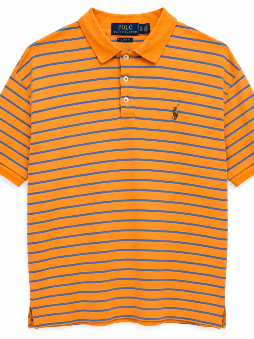Polo Ralph Lauren Classic Fit Orange Blue Striped Polo Shirt Men’s XL 100% Cotto